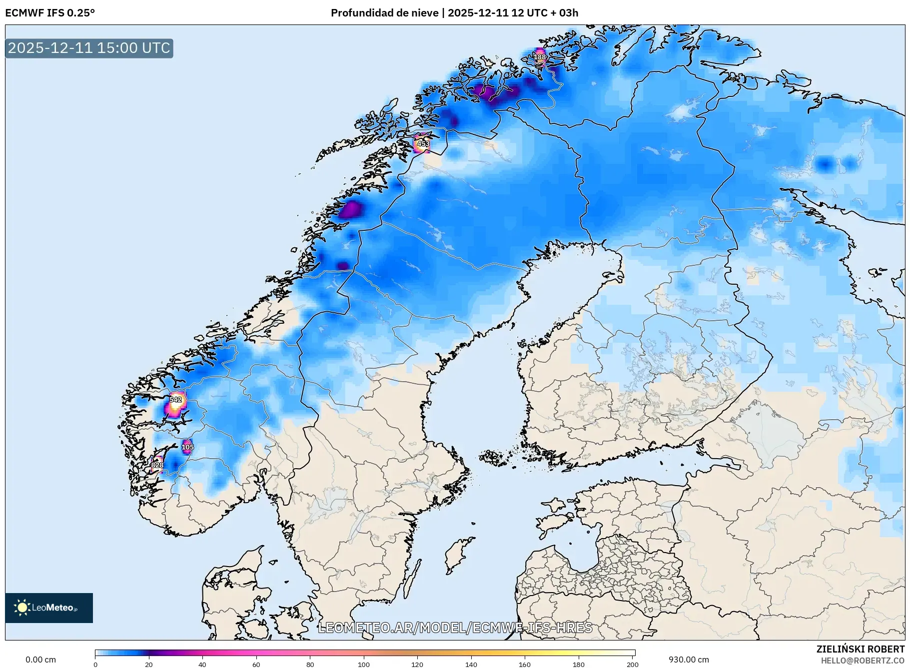 ECMWF IFS 0.25° model - Escandinavia, Profundidad de nieve