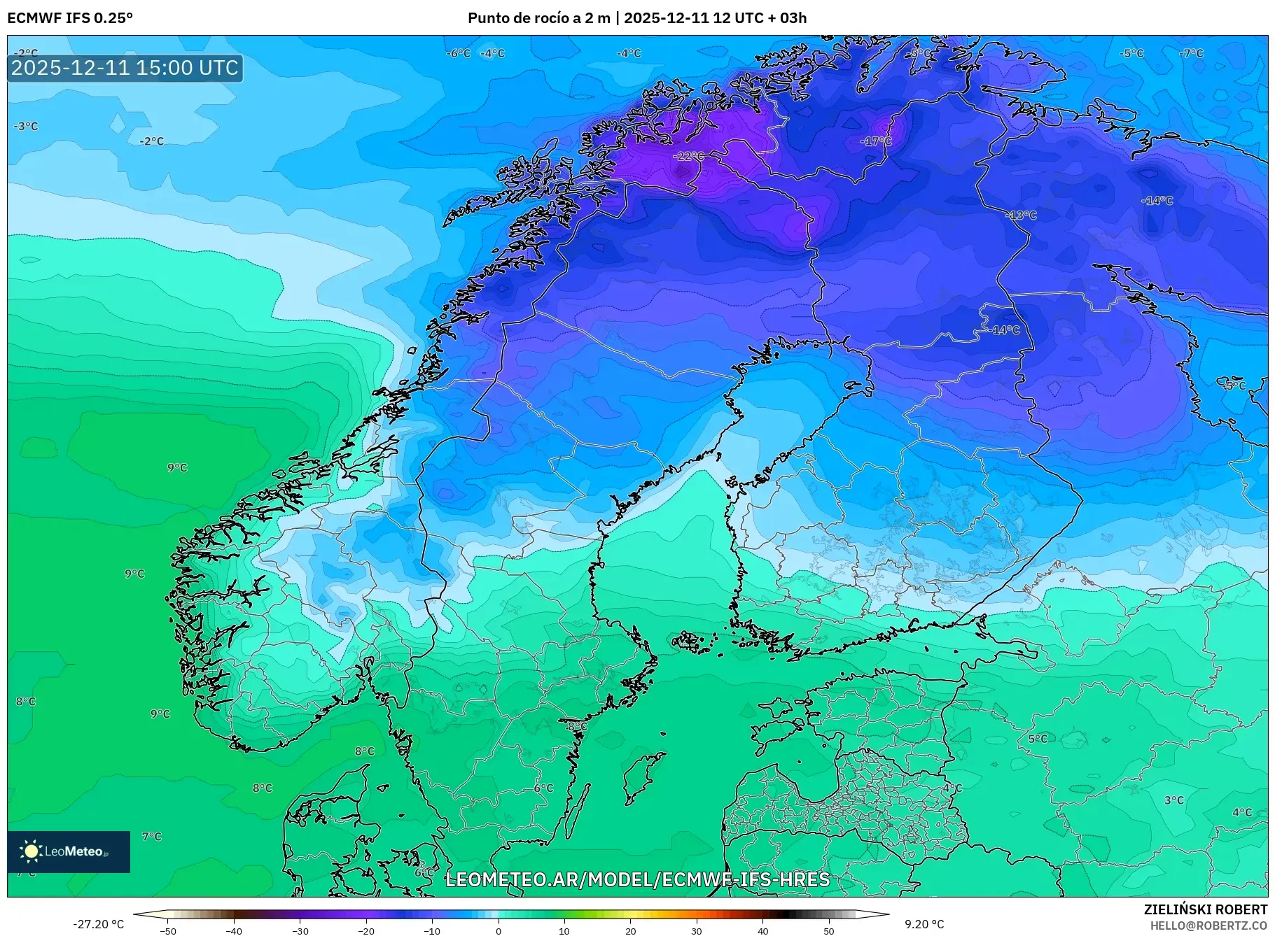ECMWF IFS 0.25° model - Escandinavia, Punto de rocío a 2 m