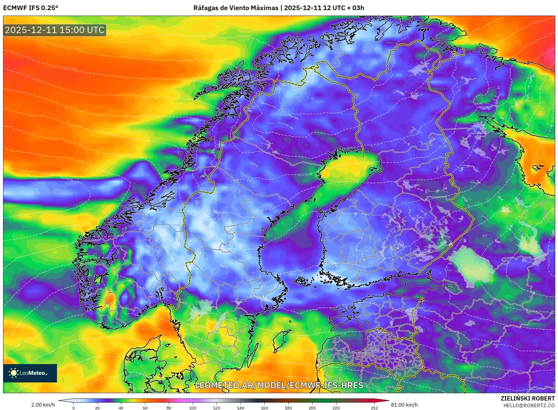 ECMWF IFS 0.25° model - Escandinavia, Ráfagas de Viento Máximas