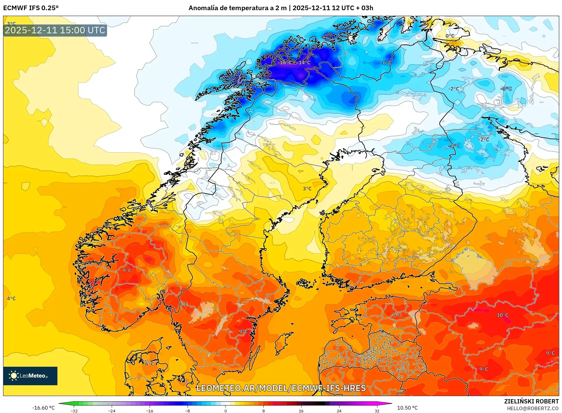 ECMWF IFS 0.25° model - Escandinavia, Anomalía de temperatura a 2 m