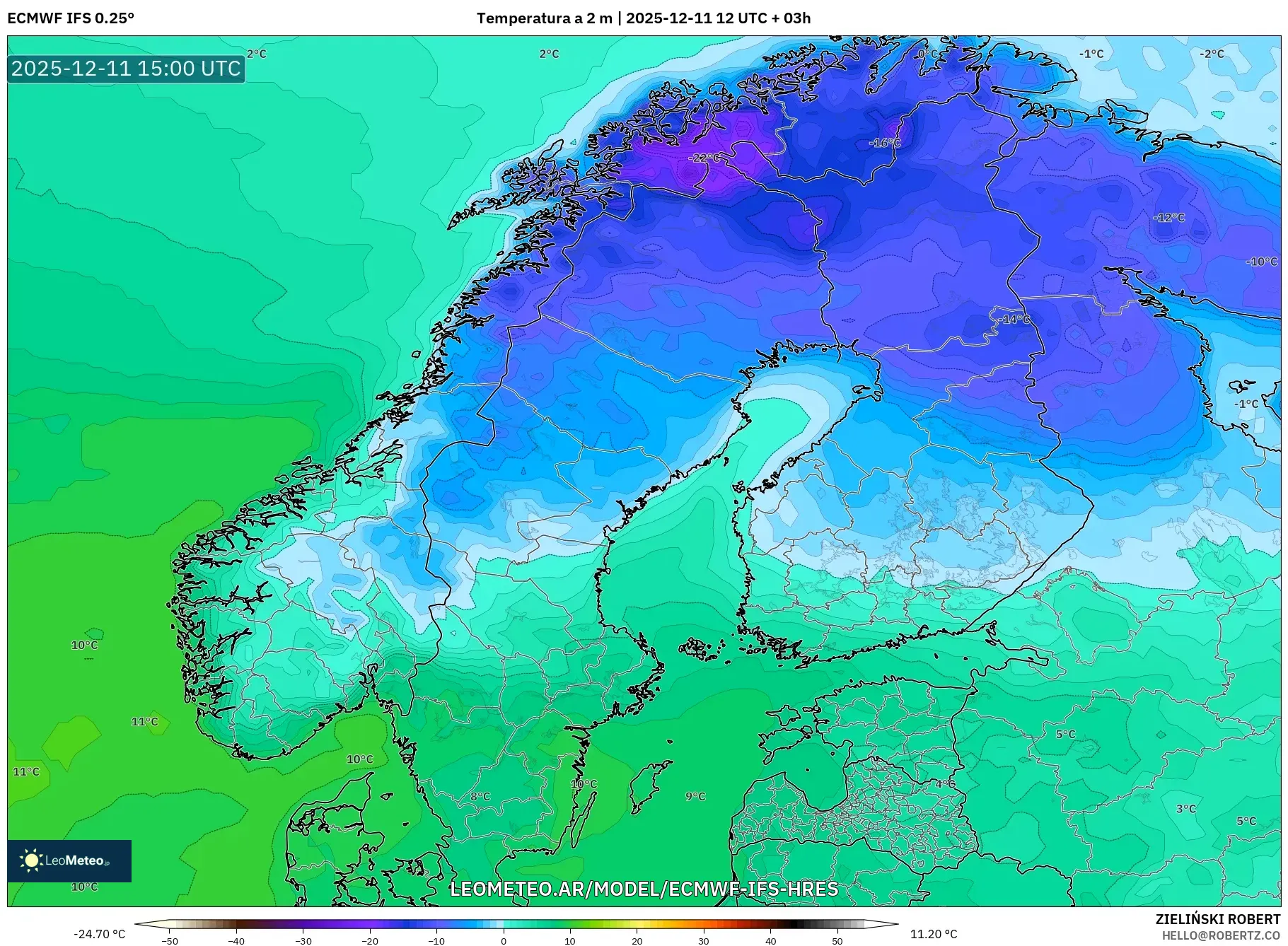 ECMWF IFS 0.25° model - Escandinavia, Temperatura a 2 m