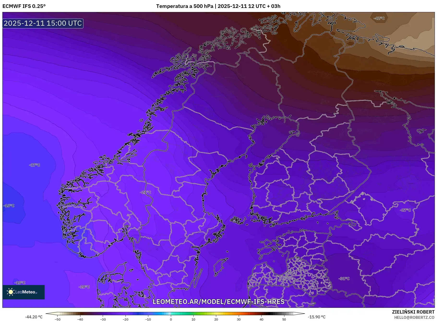 ECMWF IFS 0.25° model - Escandinavia, Temperatura a 500 hPa