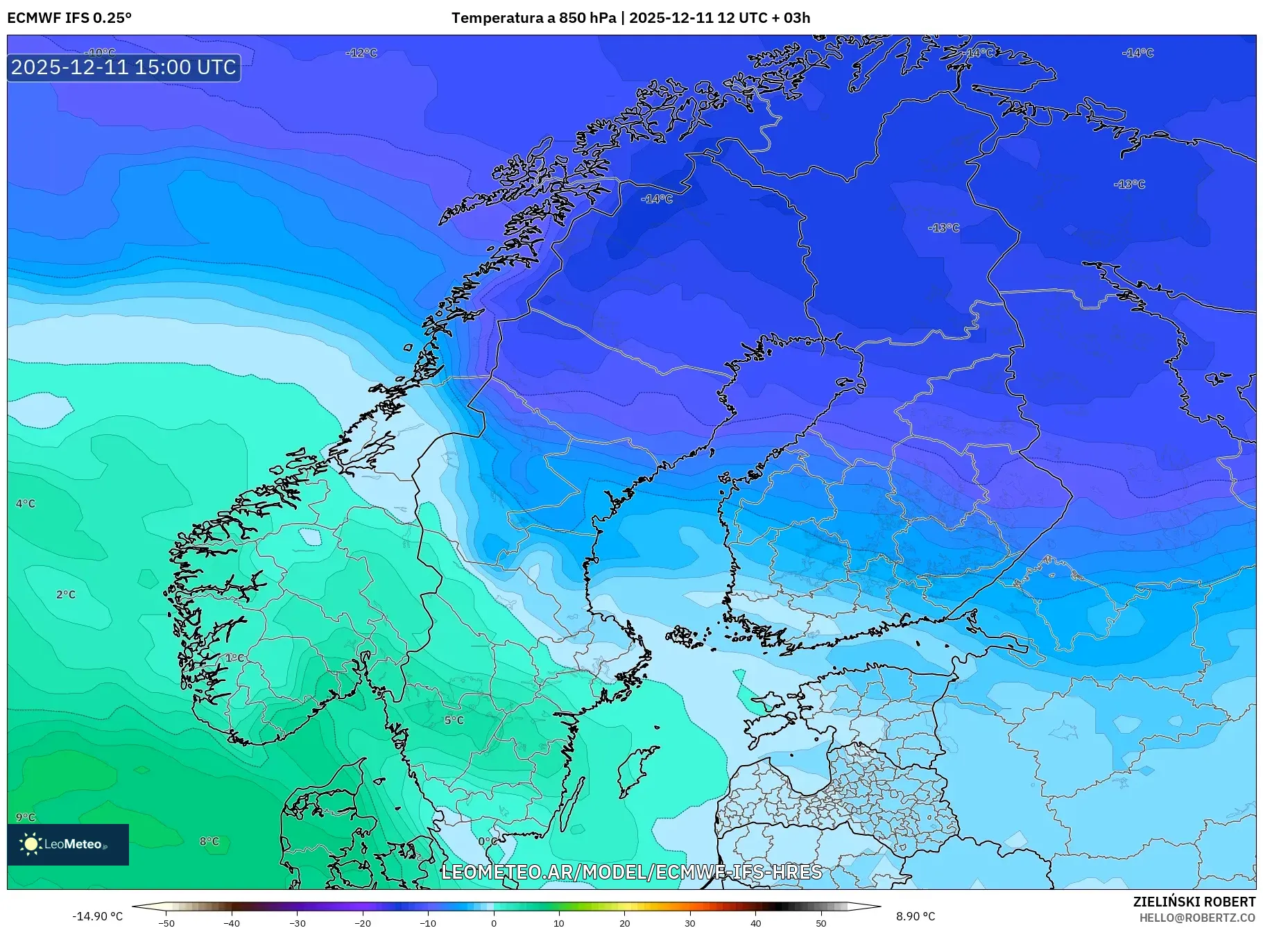 ECMWF IFS 0.25° model - Escandinavia, Temperatura a 850 hPa