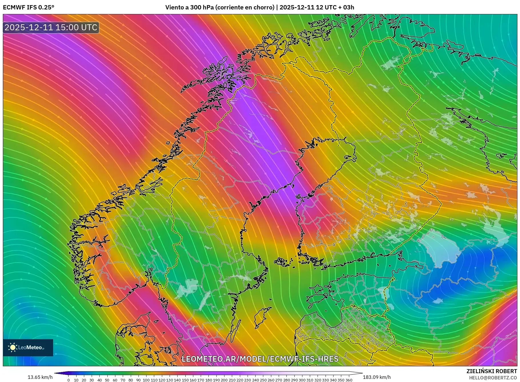 ECMWF IFS 0.25° model - Escandinavia, Viento a 300 hPa (corriente en chorro)