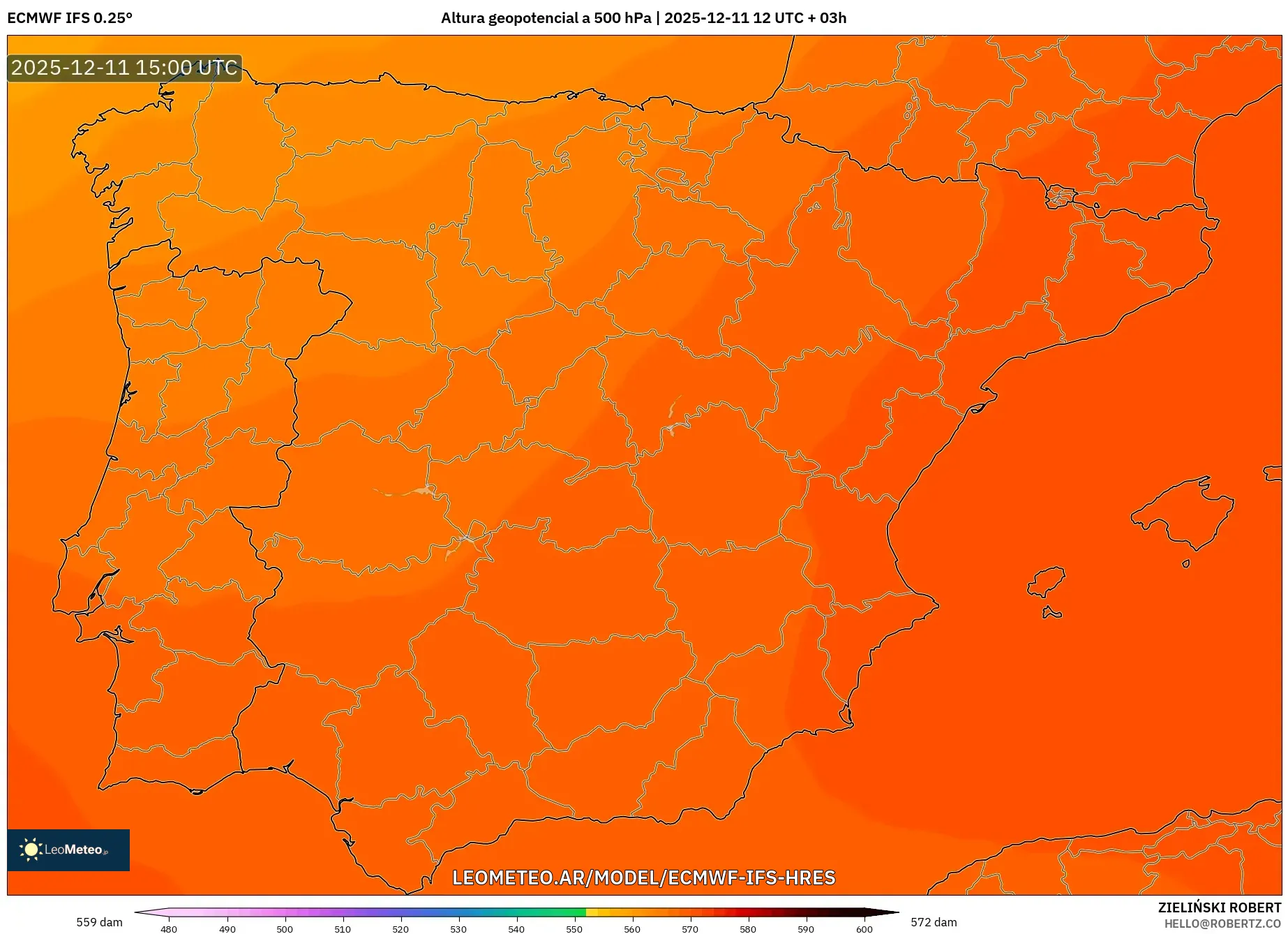 ECMWF IFS 0.25° model - España, Altura geopotencial a 500 hPa