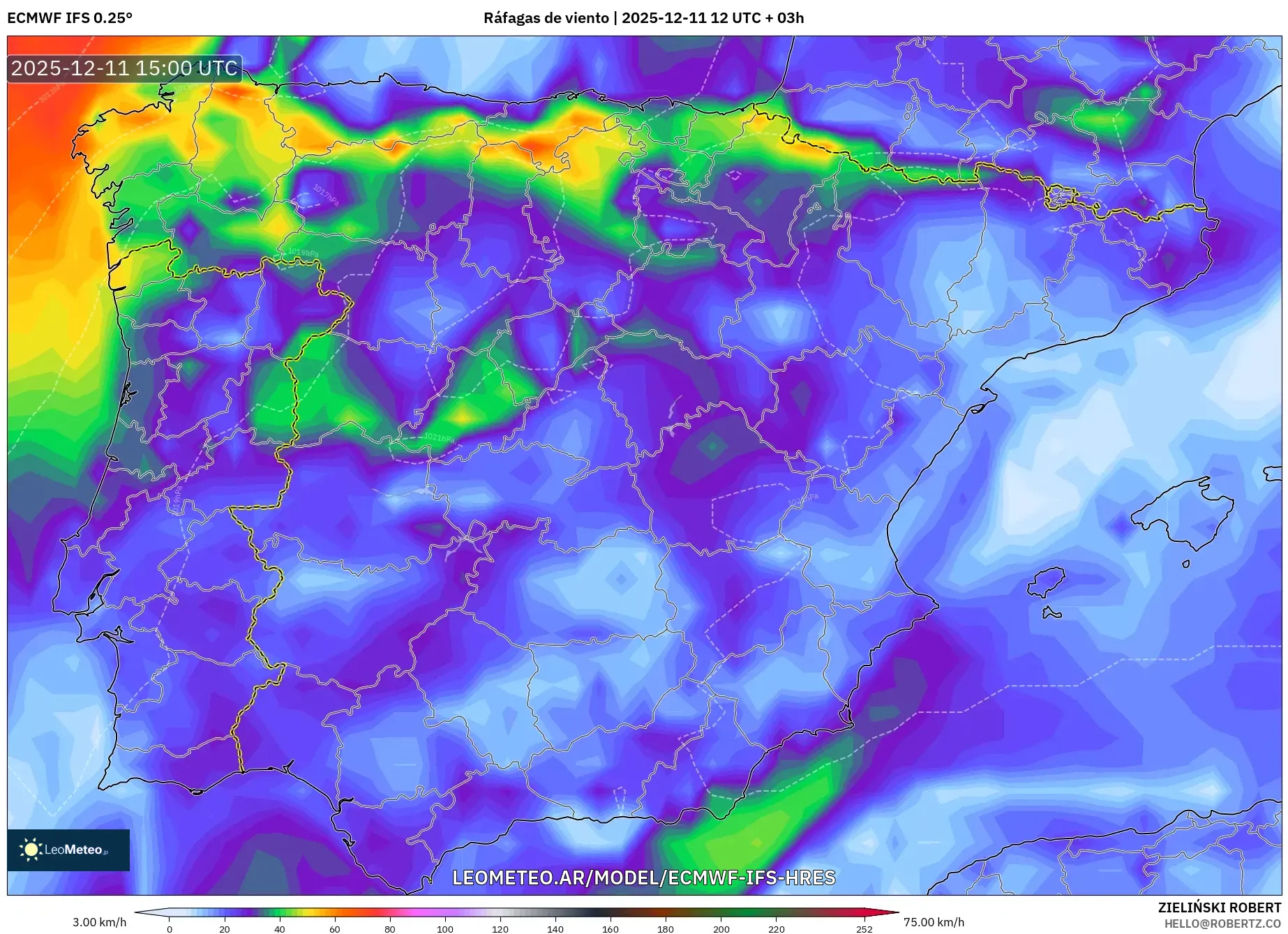 ECMWF IFS 0.25° model - España, Ráfagas de viento