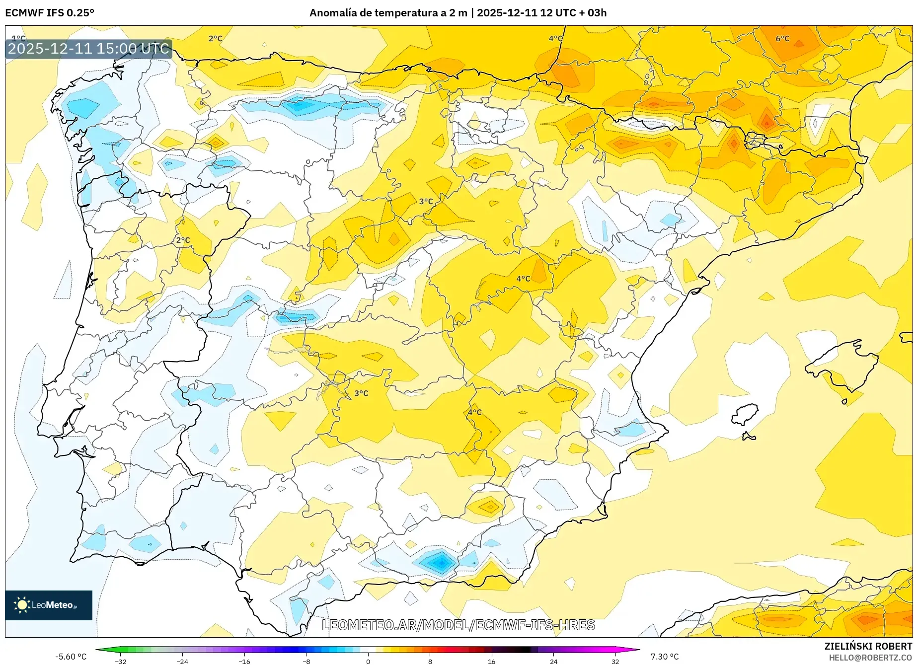 ECMWF IFS 0.25° model - España, Anomalía de temperatura a 2 m
