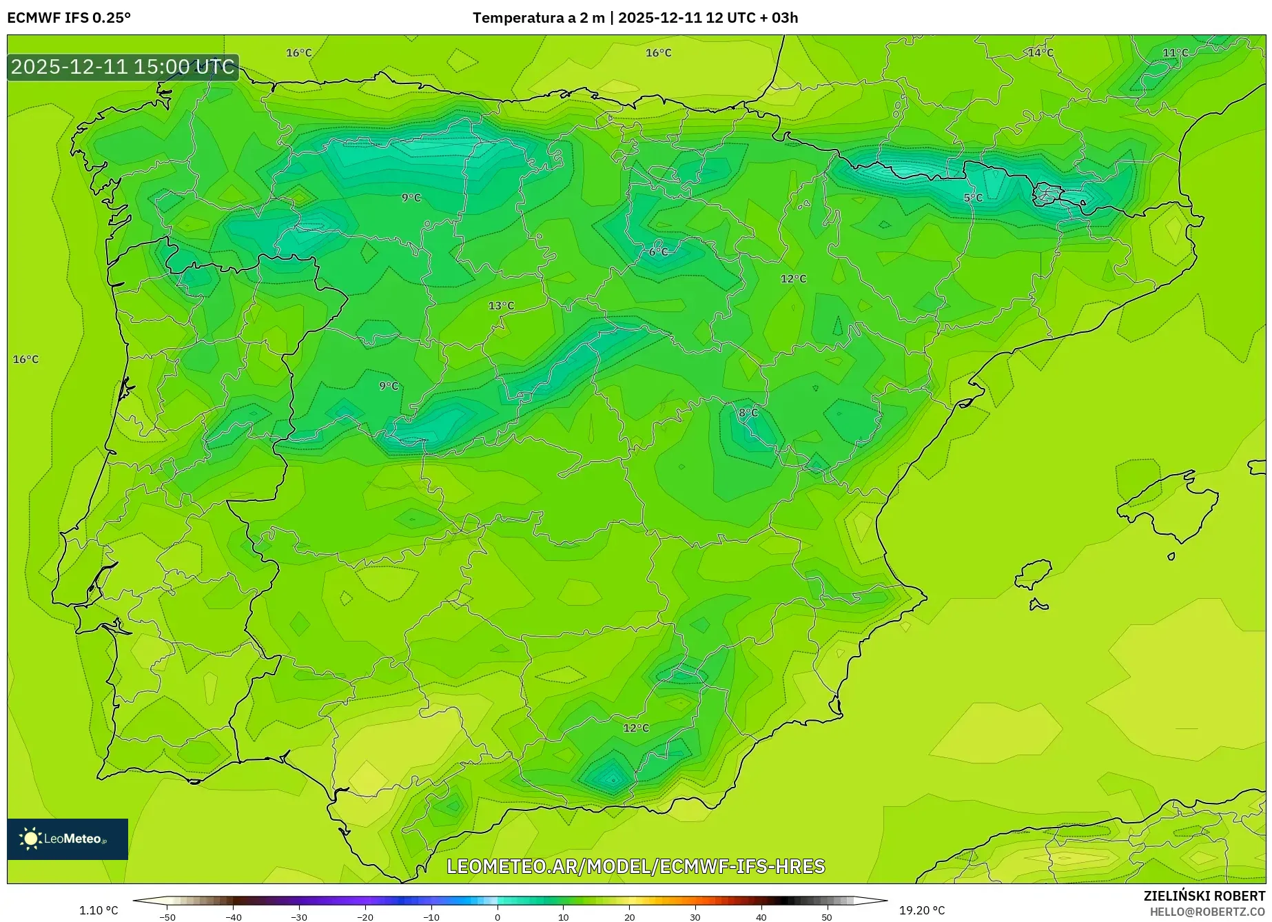 ECMWF IFS 0.25° model - España, Temperatura a 2 m