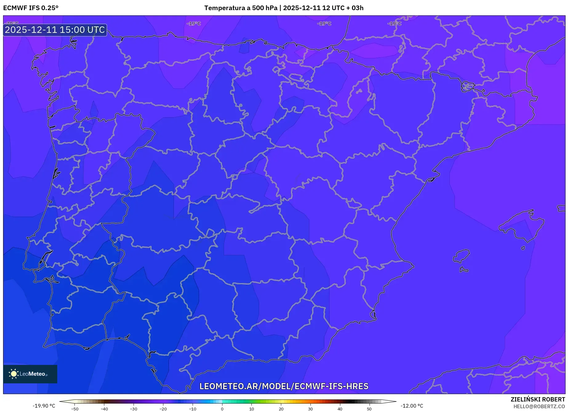 ECMWF IFS 0.25° model - España, Temperatura a 500 hPa
