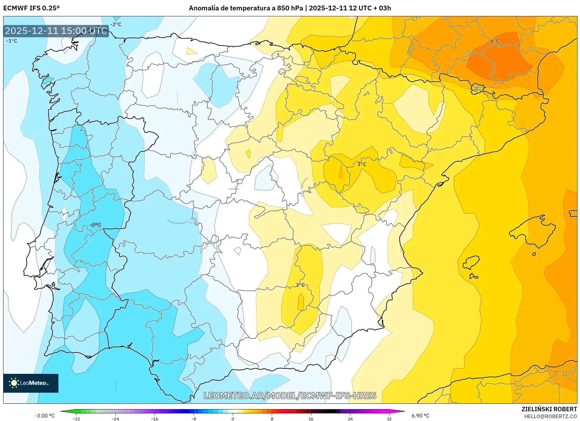 ECMWF IFS 0.25° model - España, Anomalía de temperatura a 850 hPa