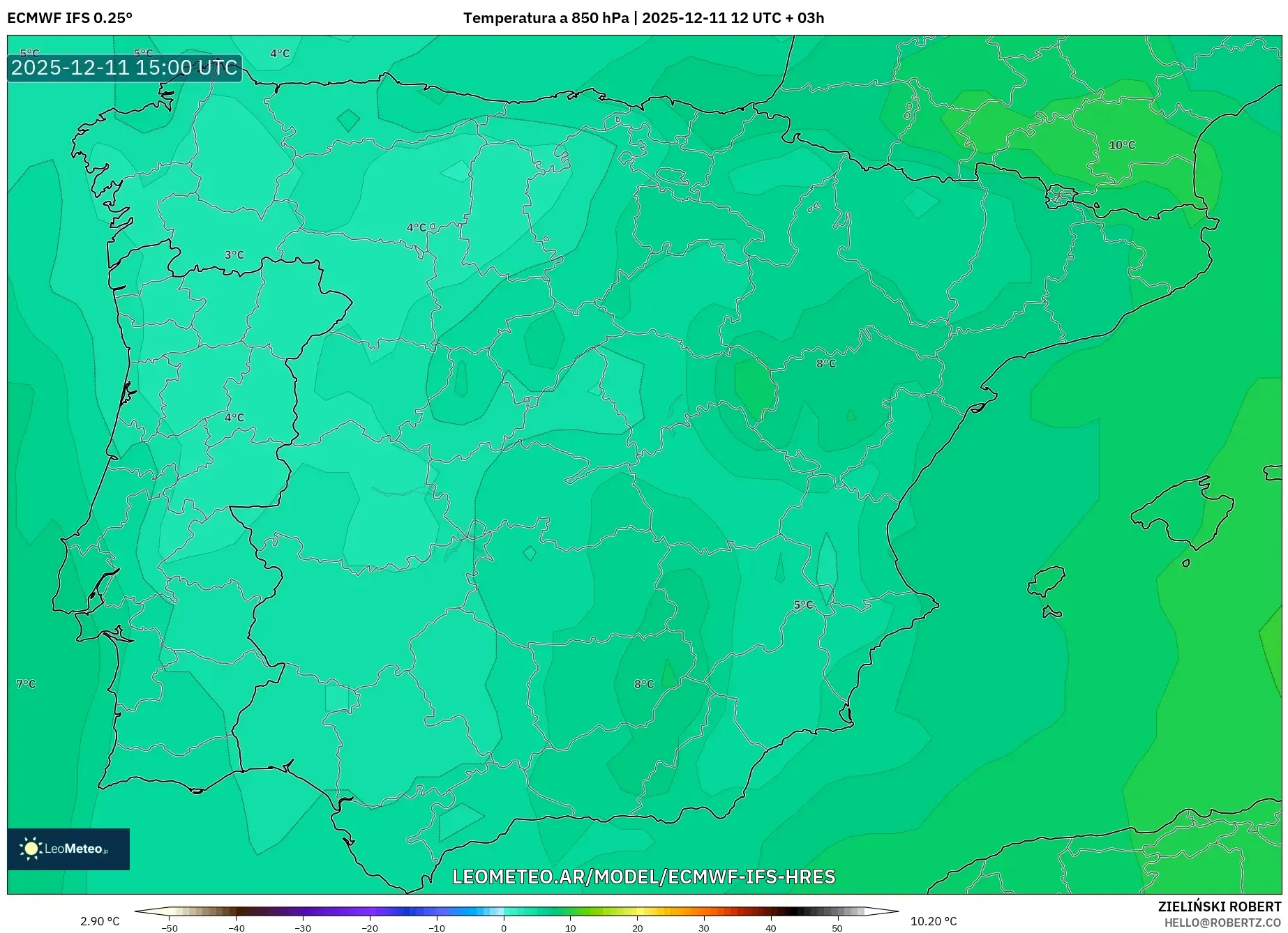 ECMWF IFS 0.25° model - España, Temperatura a 850 hPa