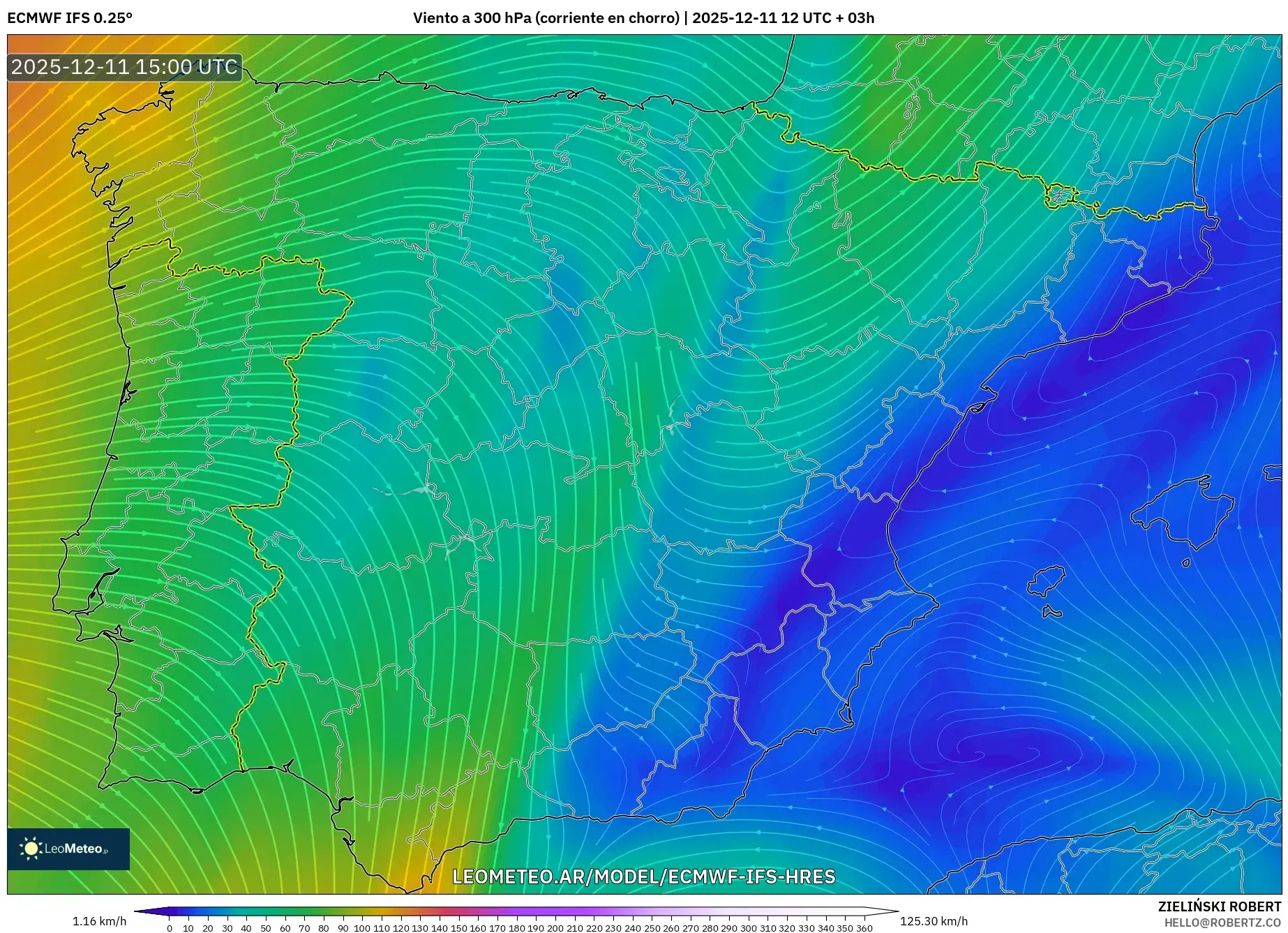 ECMWF IFS 0.25° model - España, Viento a 300 hPa (corriente en chorro)