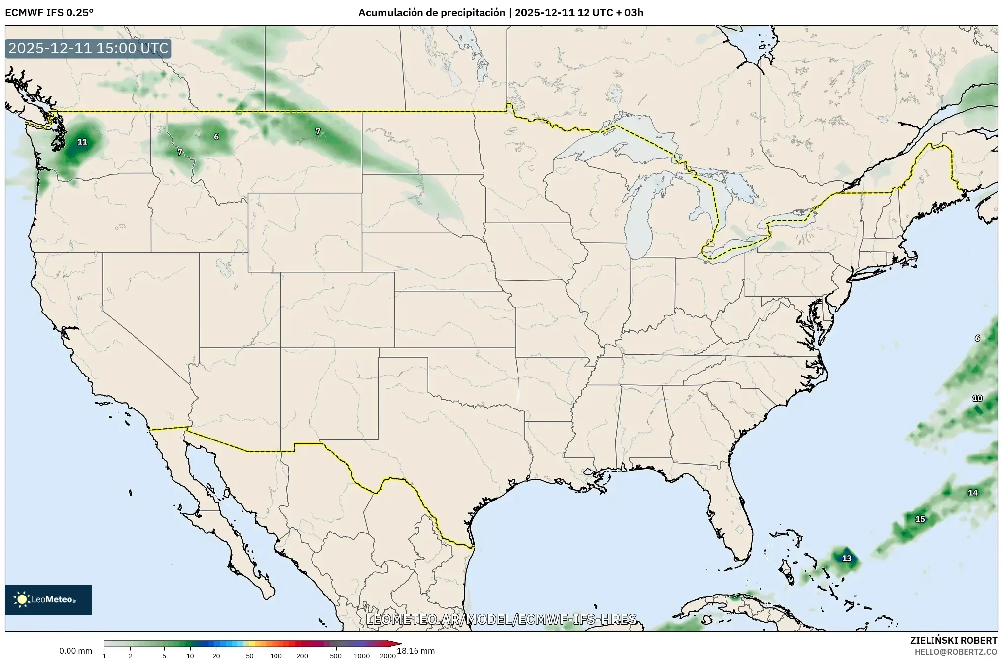 ECMWF IFS 0.25° model - Estados Unidos, Acumulación de precipitación