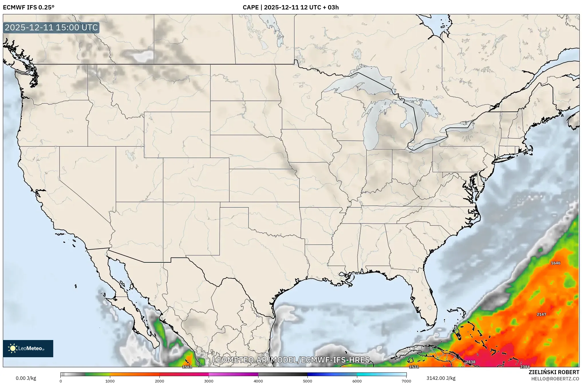 ECMWF IFS 0.25° model - Estados Unidos, CAPE
