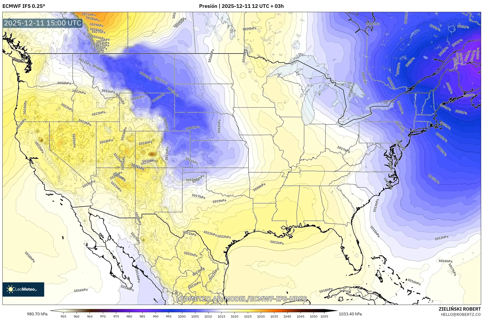 ECMWF IFS 0.25° model - Estados Unidos, Presión