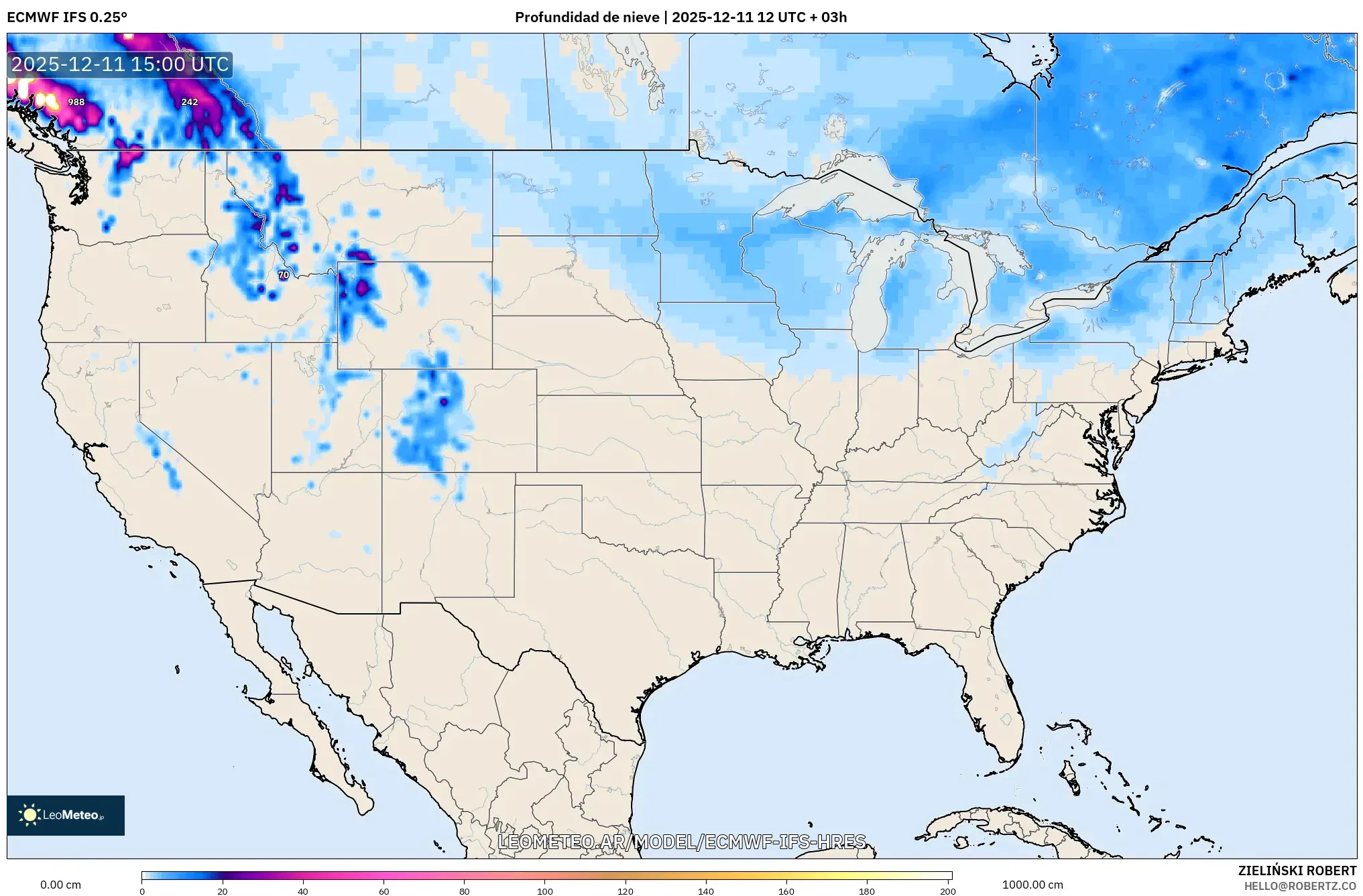 ECMWF IFS 0.25° model - Estados Unidos, Profundidad de nieve