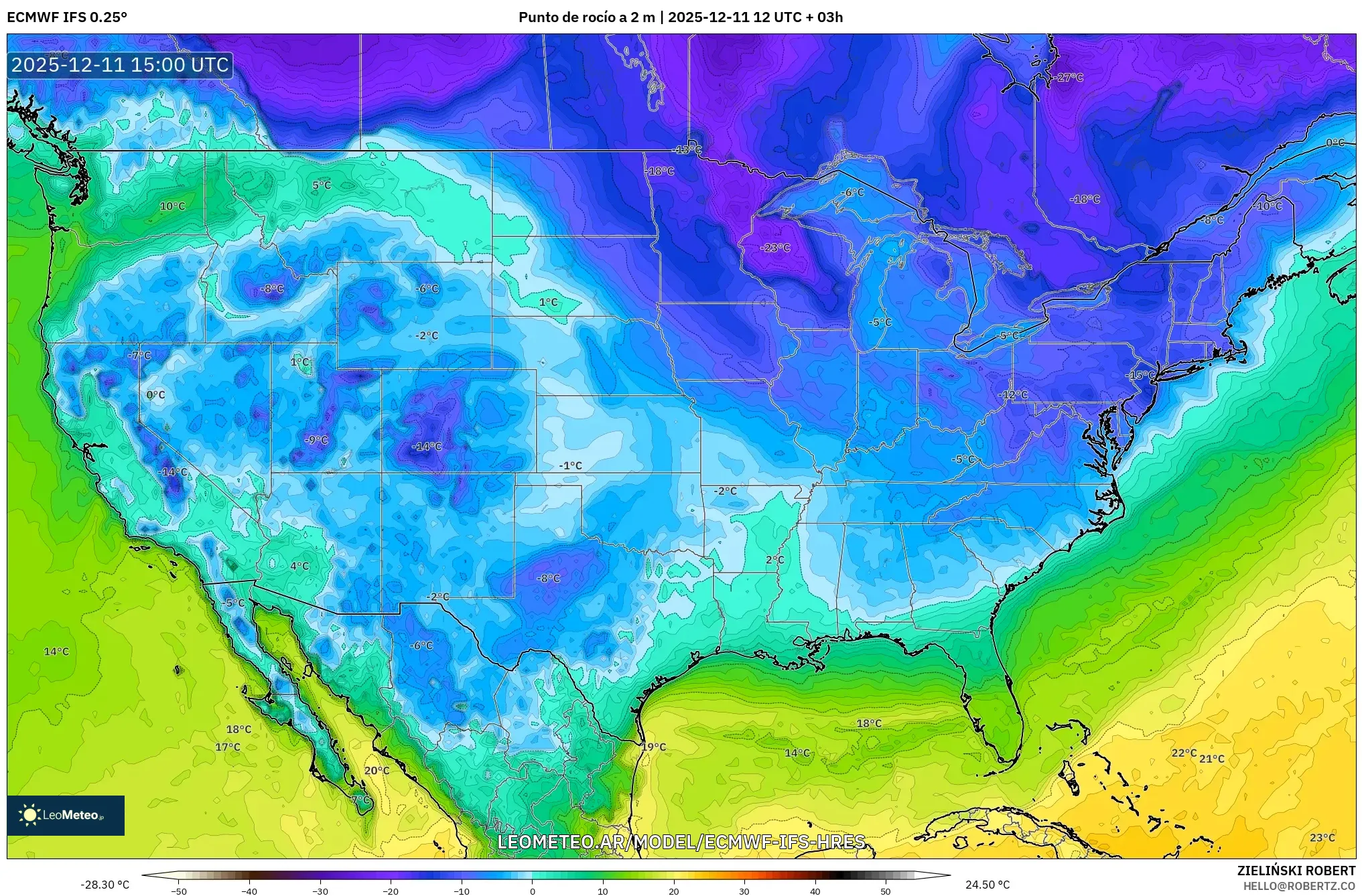 ECMWF IFS 0.25° model - Estados Unidos, Punto de rocío a 2 m
