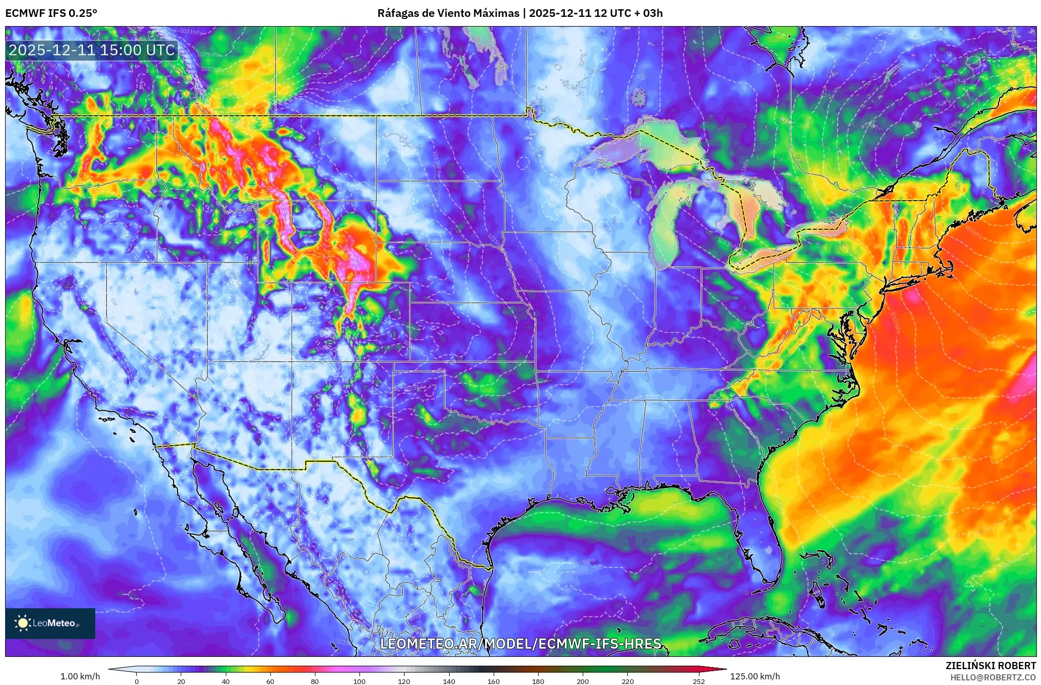 ECMWF IFS 0.25° model - Estados Unidos, Ráfagas de Viento Máximas