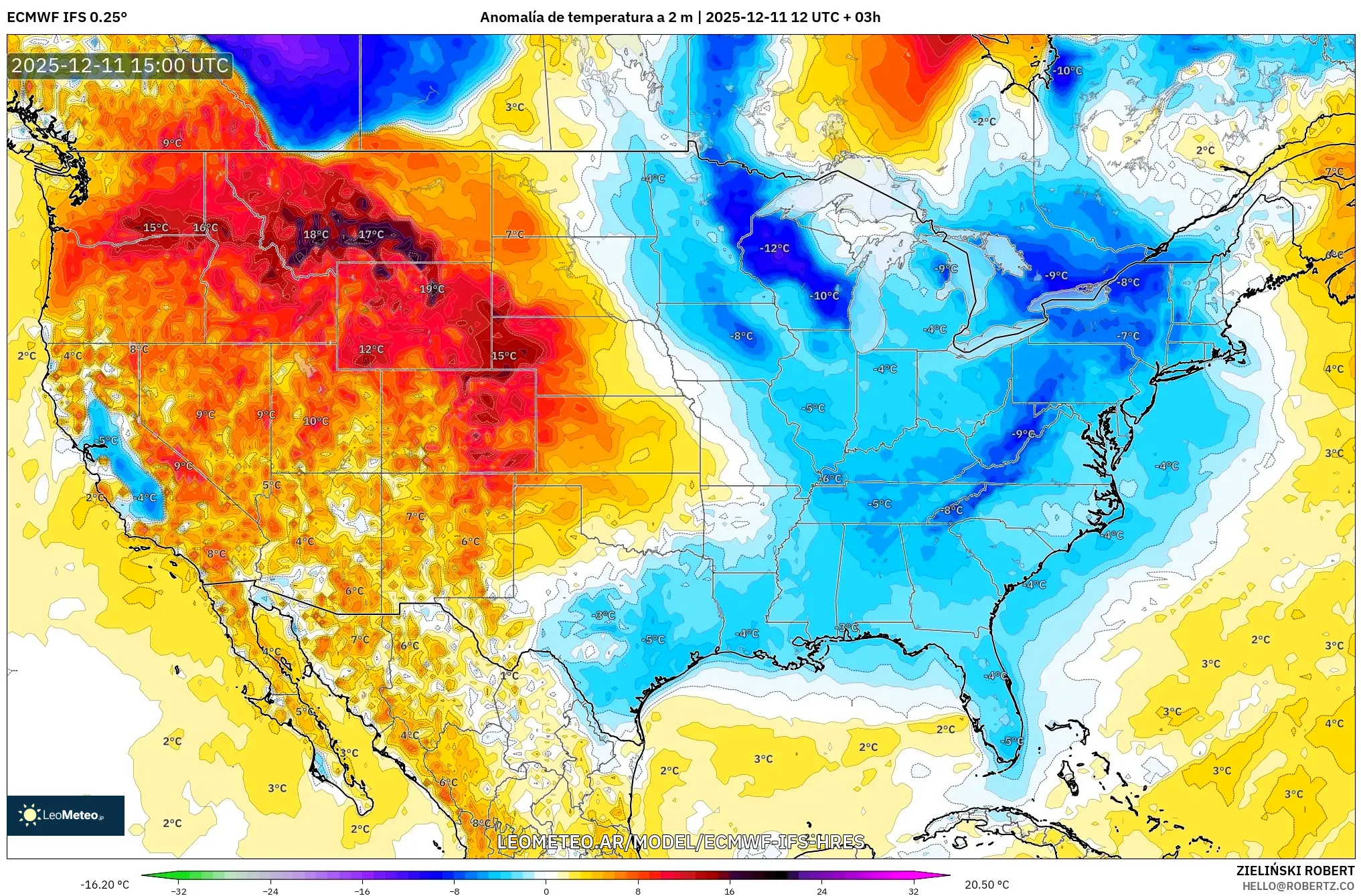 ECMWF IFS 0.25° model - Estados Unidos, Anomalía de temperatura a 2 m