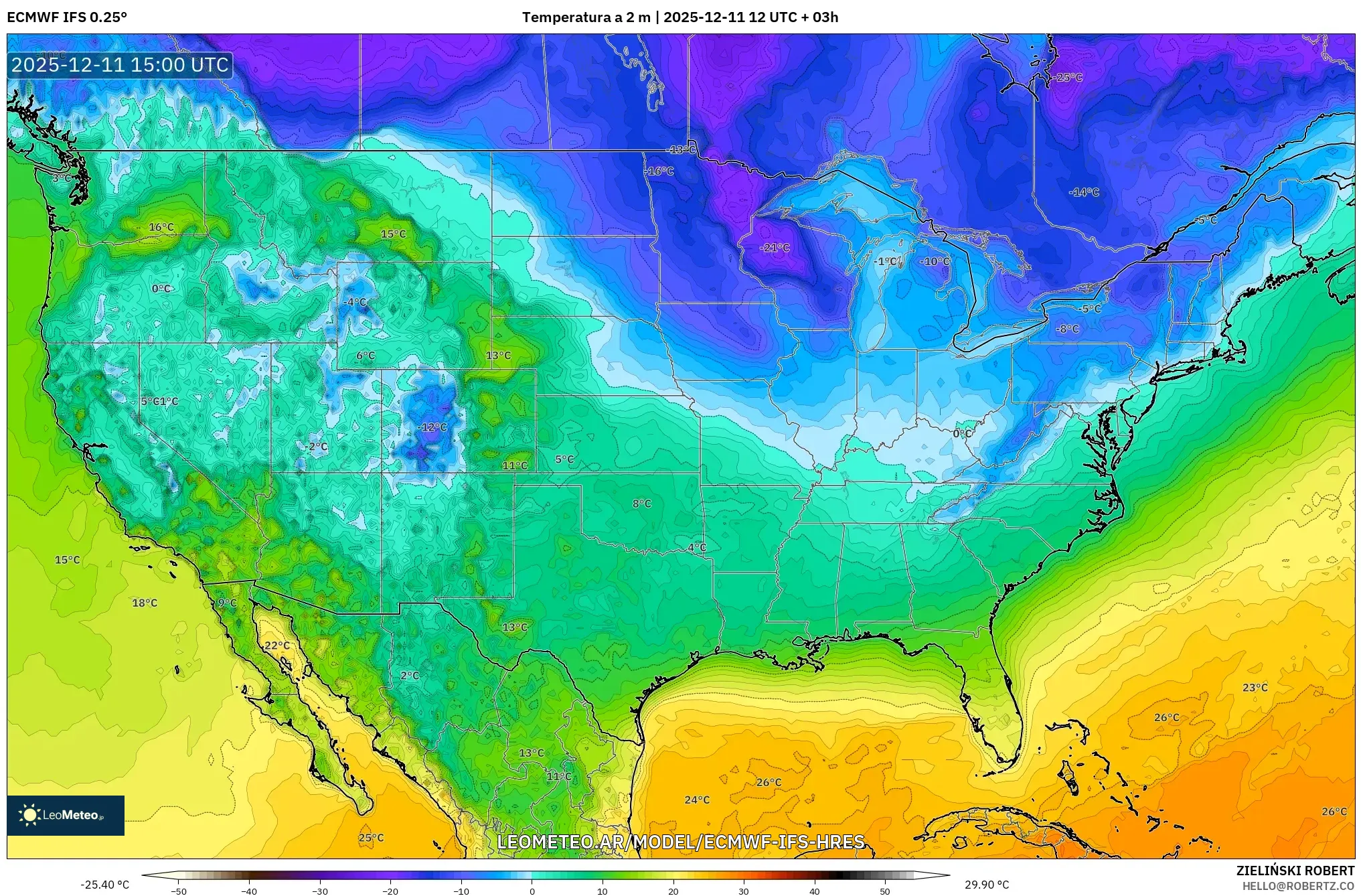 ECMWF IFS 0.25° model - Estados Unidos, Temperatura a 2 m