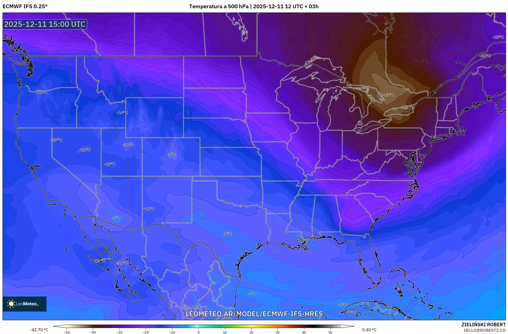 ECMWF IFS 0.25° model - Estados Unidos, Temperatura a 500 hPa