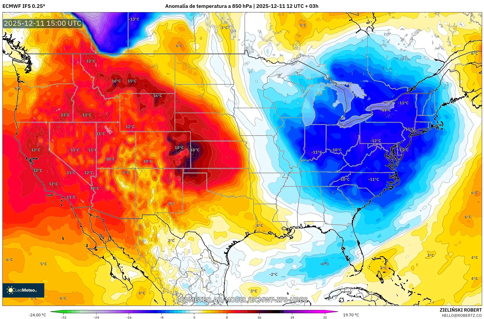 ECMWF IFS 0.25° model - Estados Unidos, Anomalía de temperatura a 850 hPa