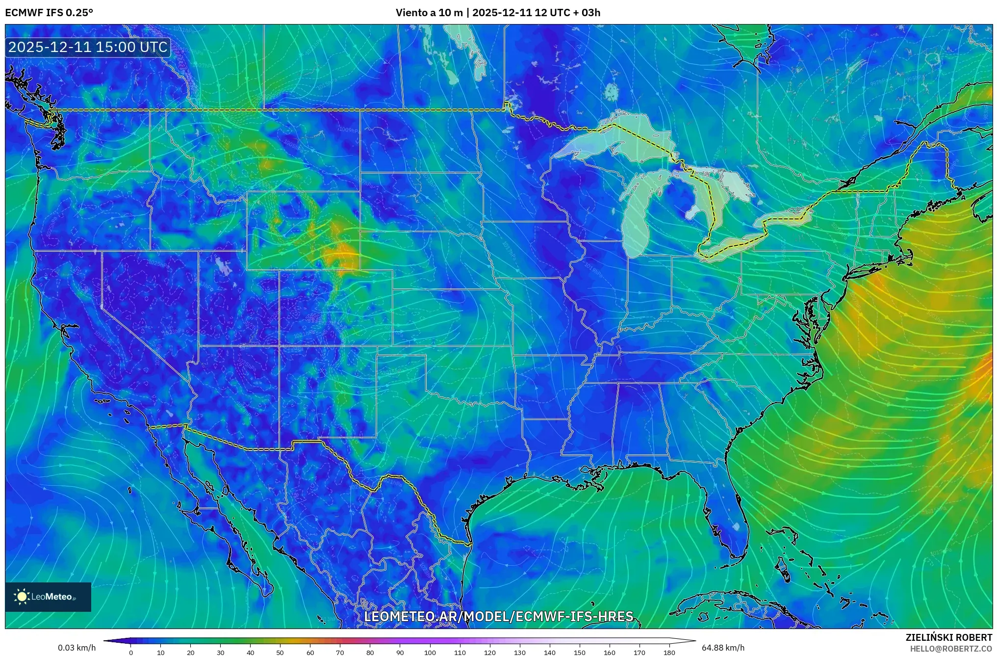 ECMWF IFS 0.25° model - Estados Unidos, Viento a 10 m