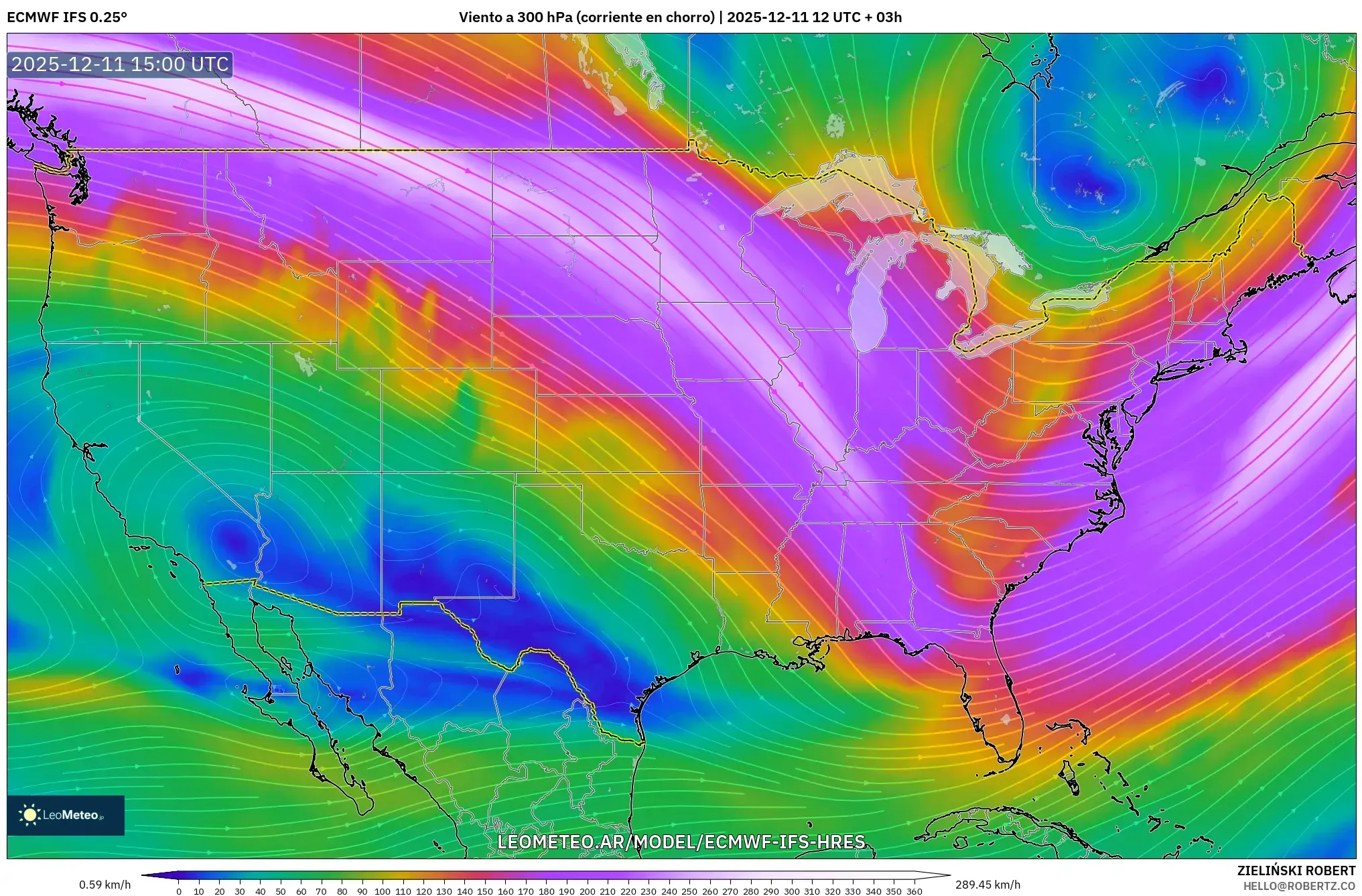 ECMWF IFS 0.25° model - Estados Unidos, Viento a 300 hPa (corriente en chorro)
