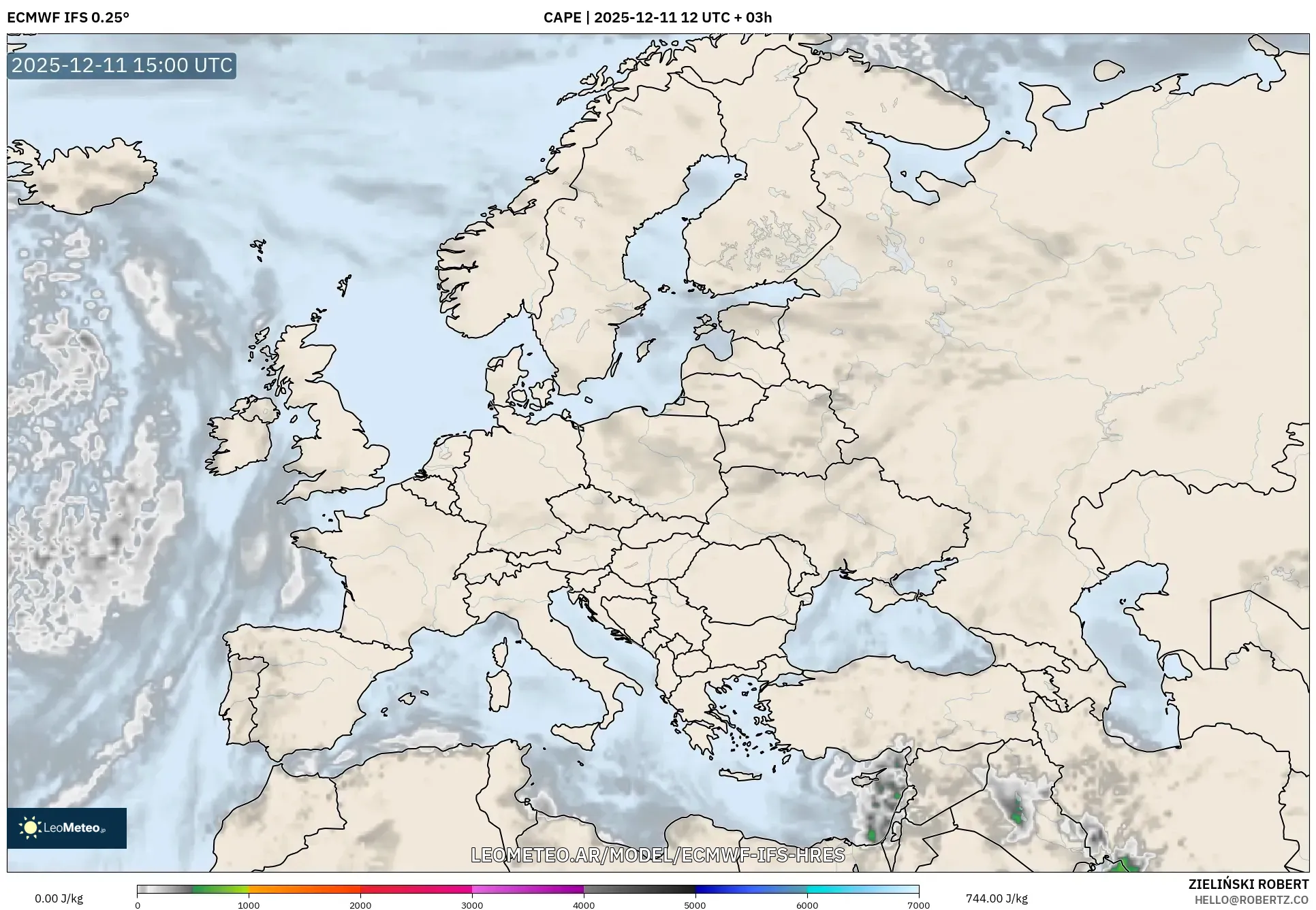 ECMWF IFS 0.25° model - Europa, CAPE