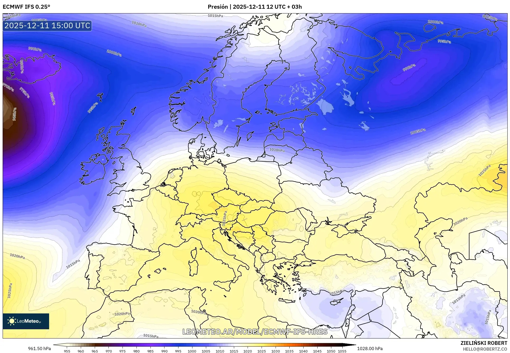 ECMWF IFS 0.25° model - Europa, Presión