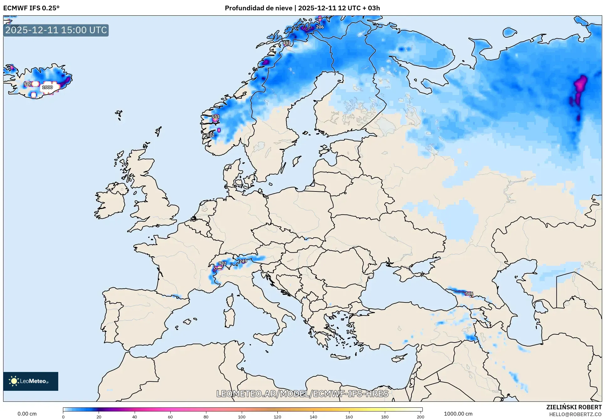 ECMWF IFS 0.25° model - Europa, Profundidad de nieve
