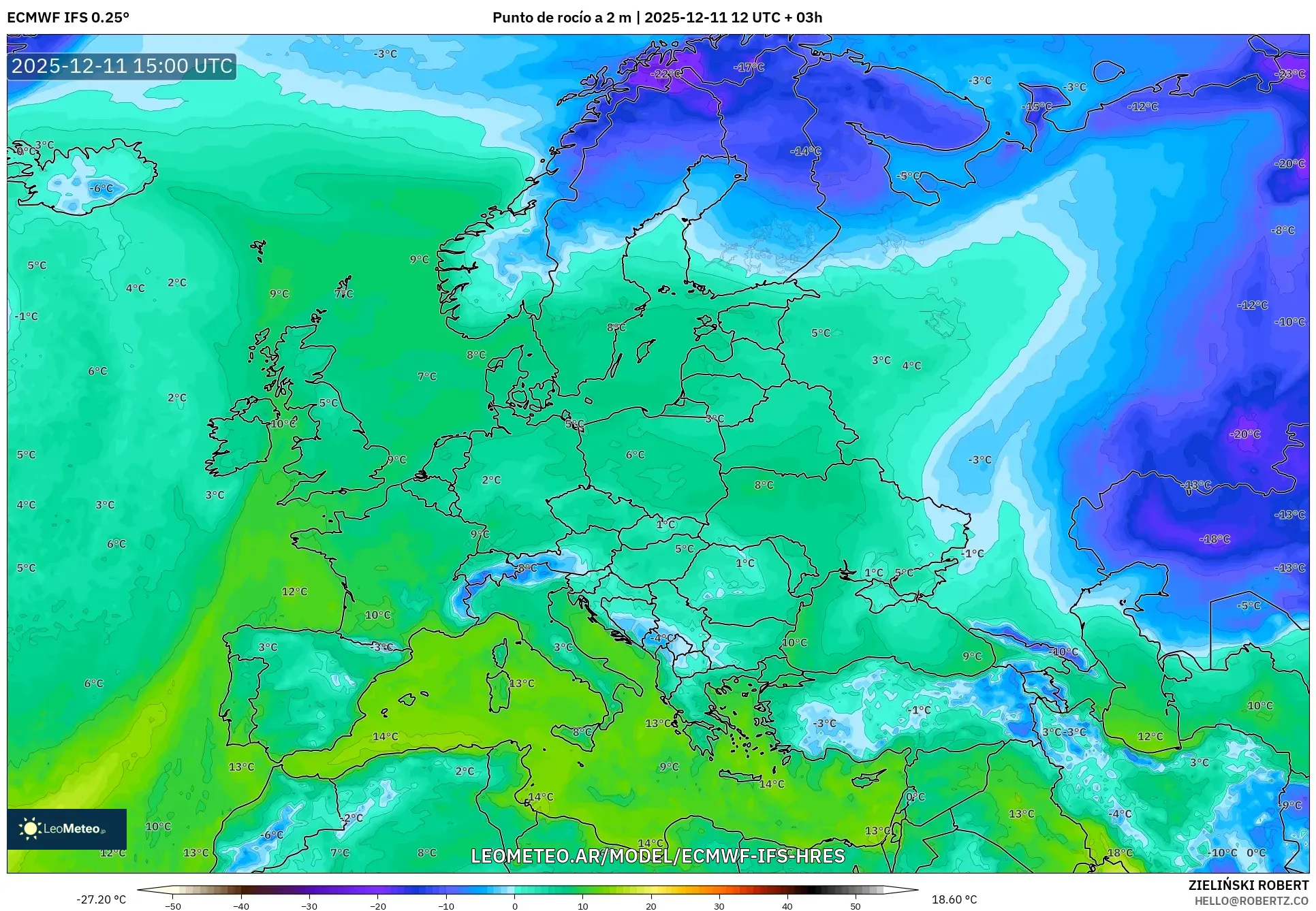 ECMWF IFS 0.25° model - Europa, Punto de rocío a 2 m