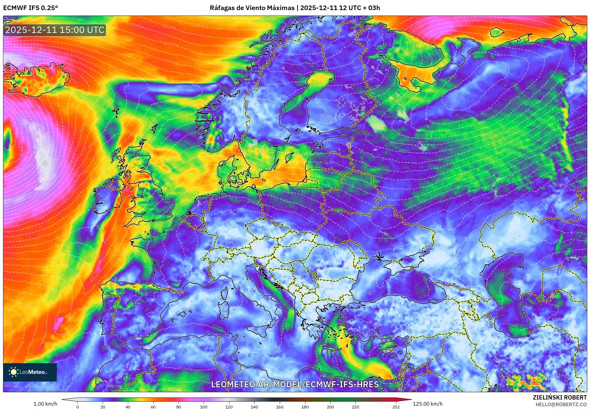 ECMWF IFS 0.25° model - Europa, Ráfagas de Viento Máximas