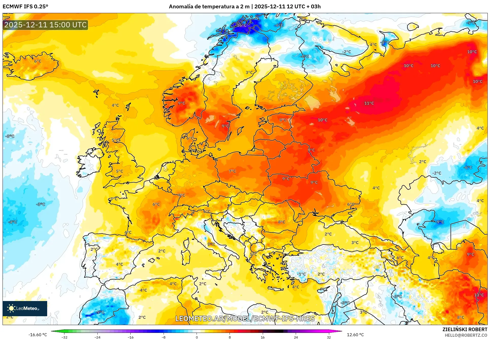 ECMWF IFS 0.25° model - Europa, Anomalía de temperatura a 2 m