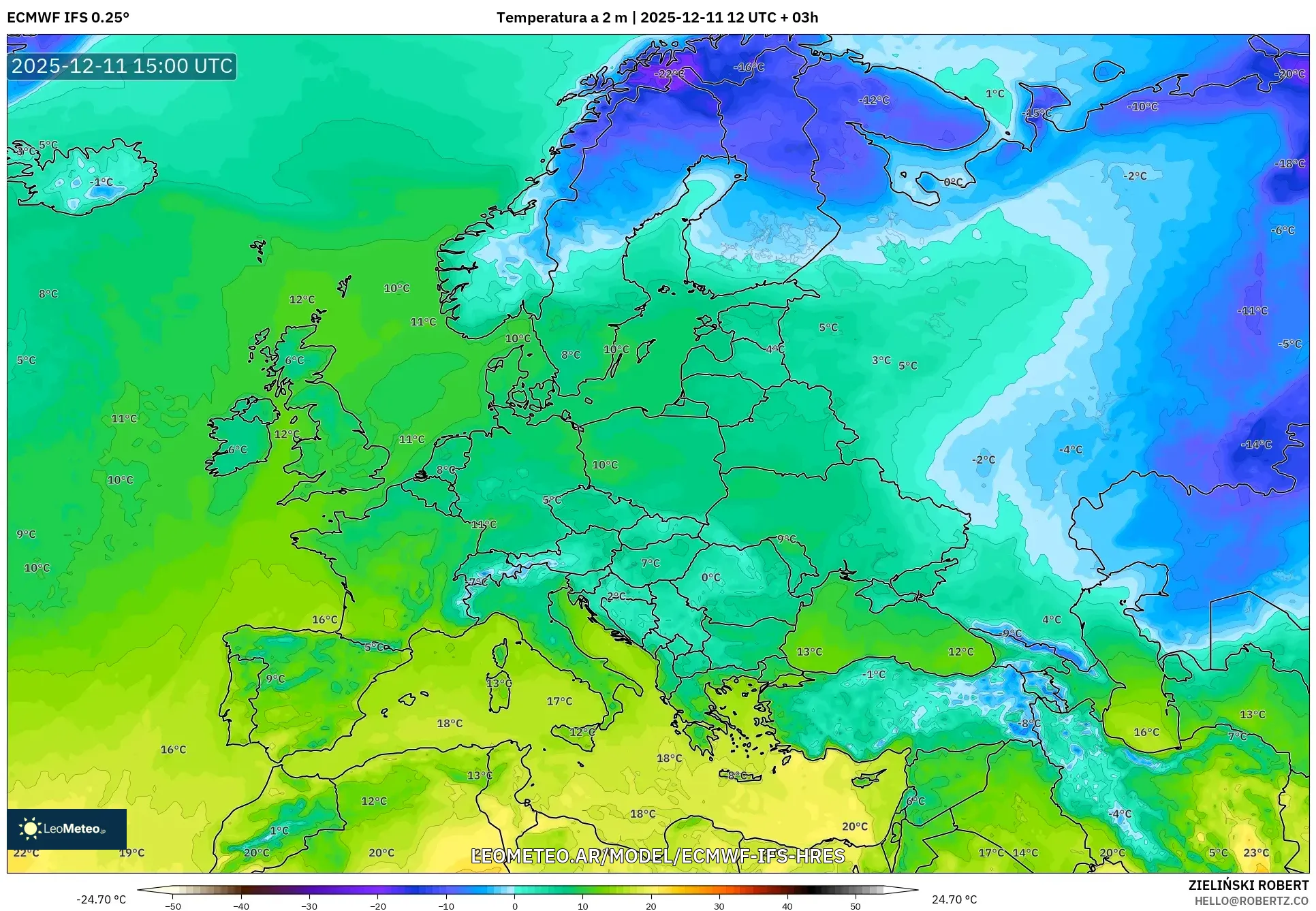 ECMWF IFS 0.25° model - Europa, Temperatura a 2 m