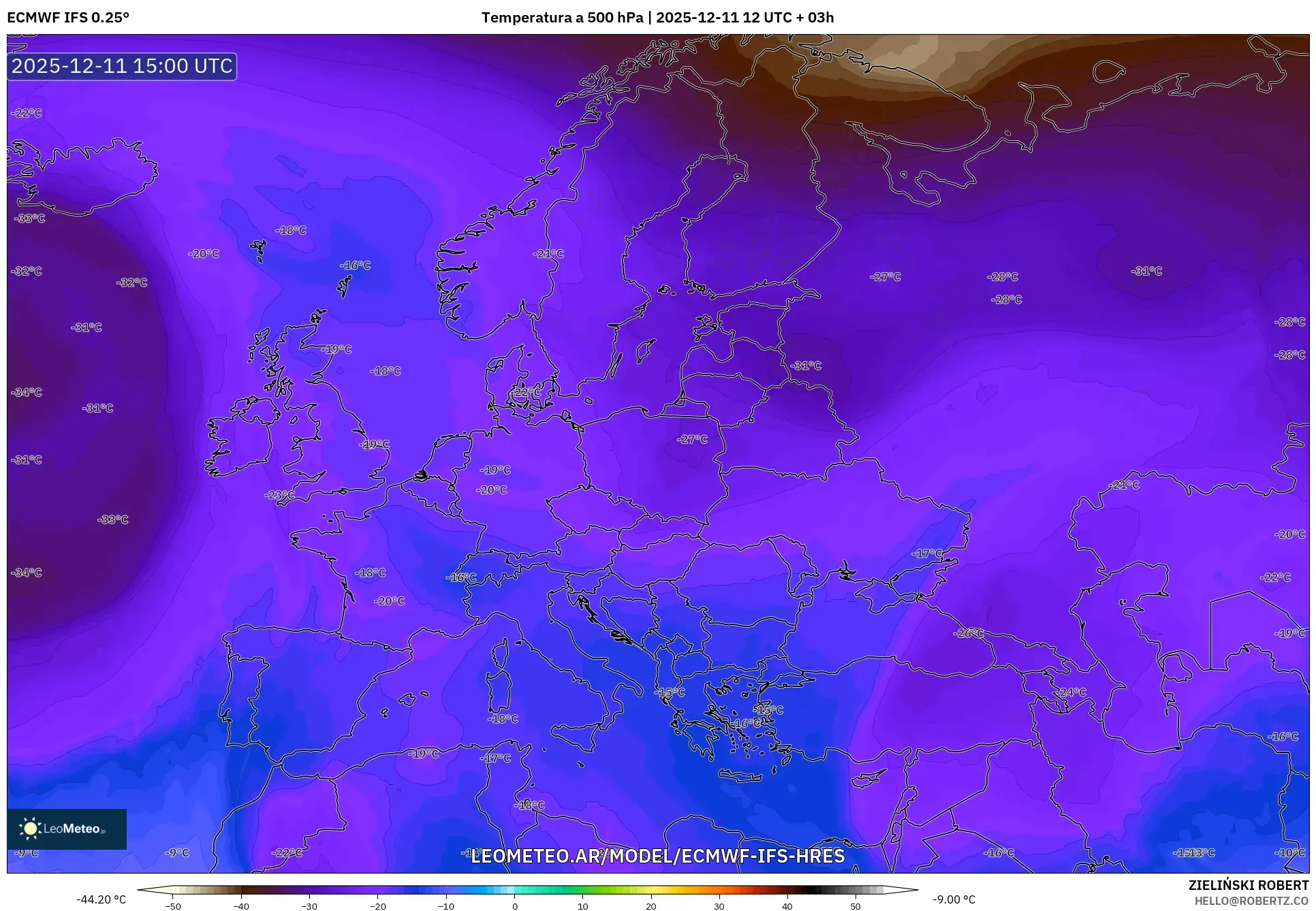ECMWF IFS 0.25° model - Europa, Temperatura a 500 hPa