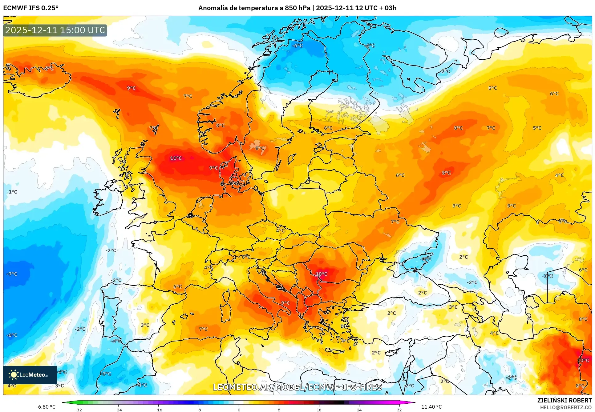 ECMWF IFS 0.25° model - Europa, Anomalía de temperatura a 850 hPa