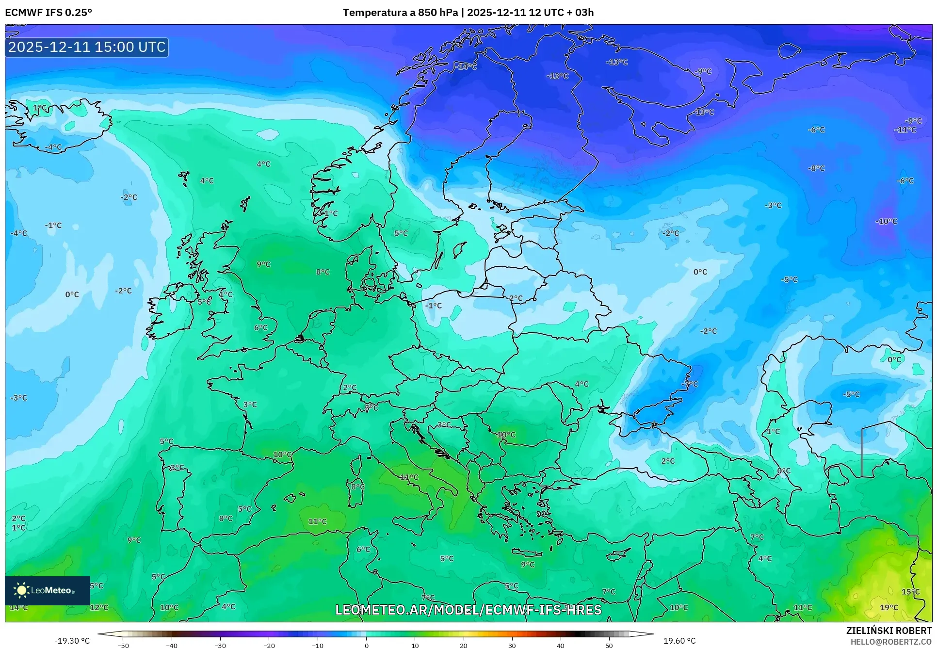 ECMWF IFS 0.25° model - Europa, Temperatura a 850 hPa