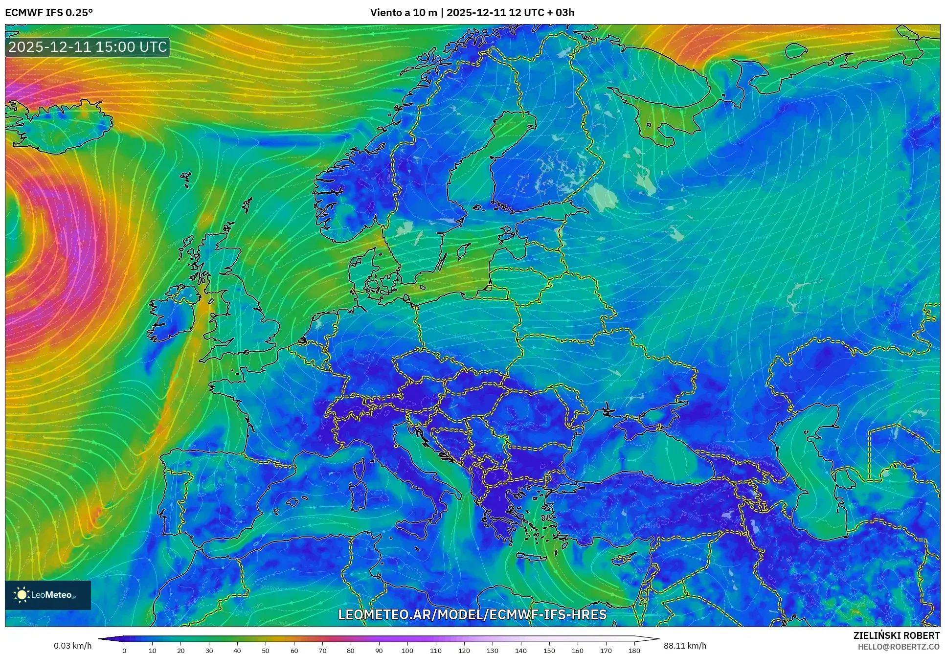 ECMWF IFS 0.25° model - Europa, Viento a 10 m