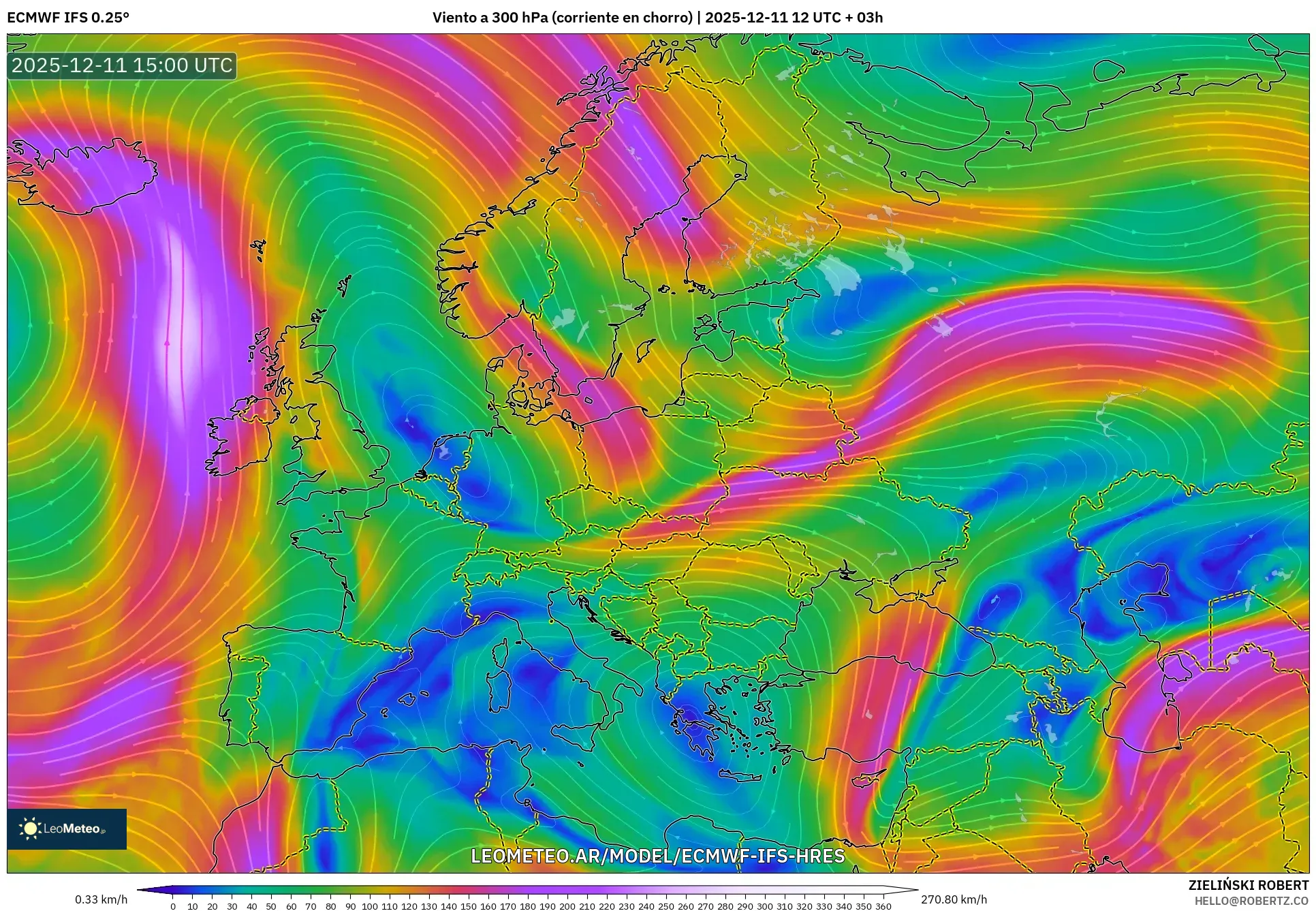 ECMWF IFS 0.25° model - Europa, Viento a 300 hPa (corriente en chorro)