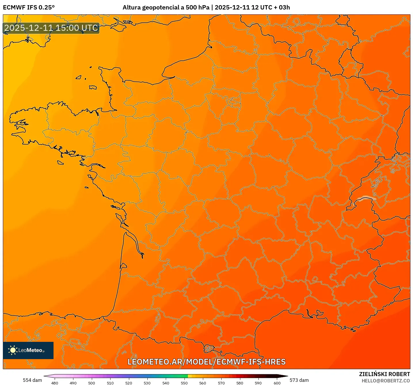 ECMWF IFS 0.25° model - Francia, Altura geopotencial a 500 hPa