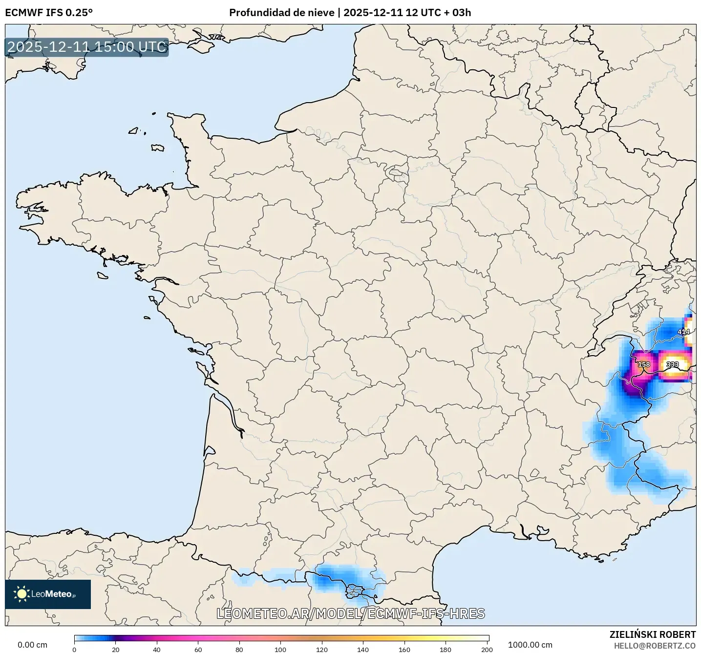 ECMWF IFS 0.25° model - Francia, Profundidad de nieve