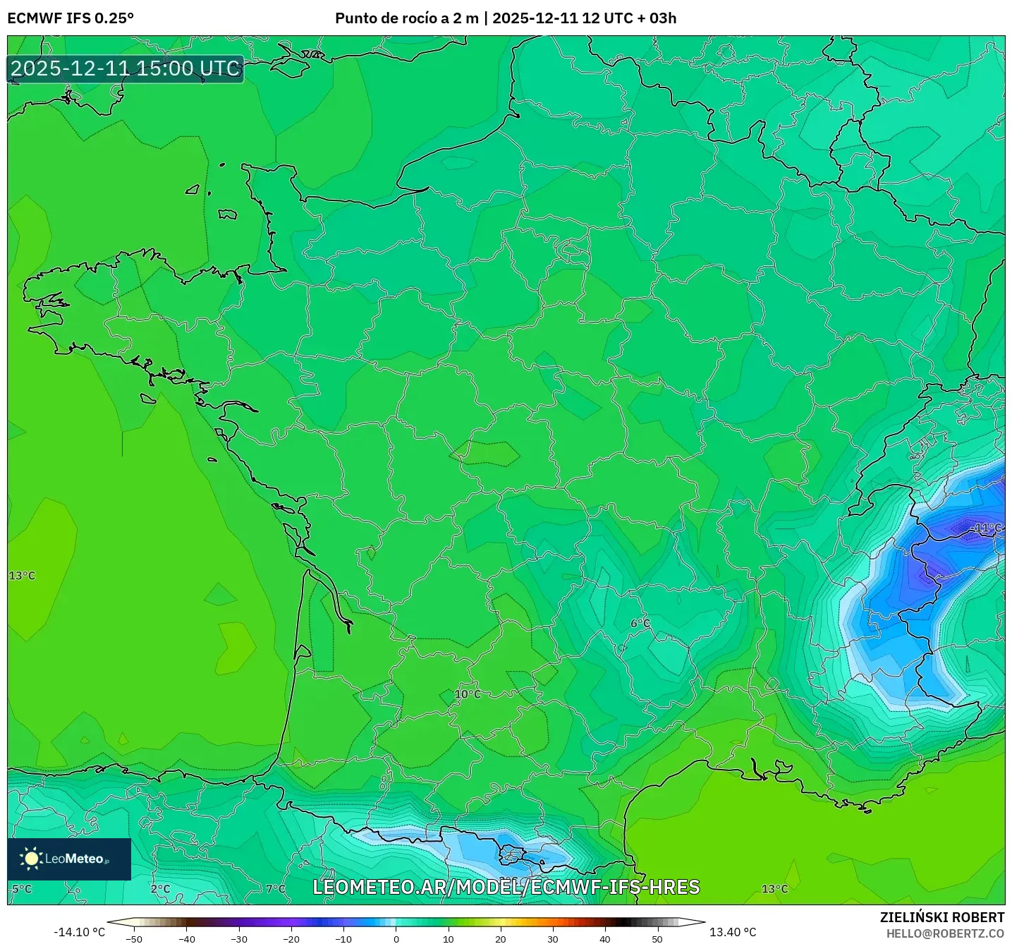 ECMWF IFS 0.25° model - Francia, Punto de rocío a 2 m
