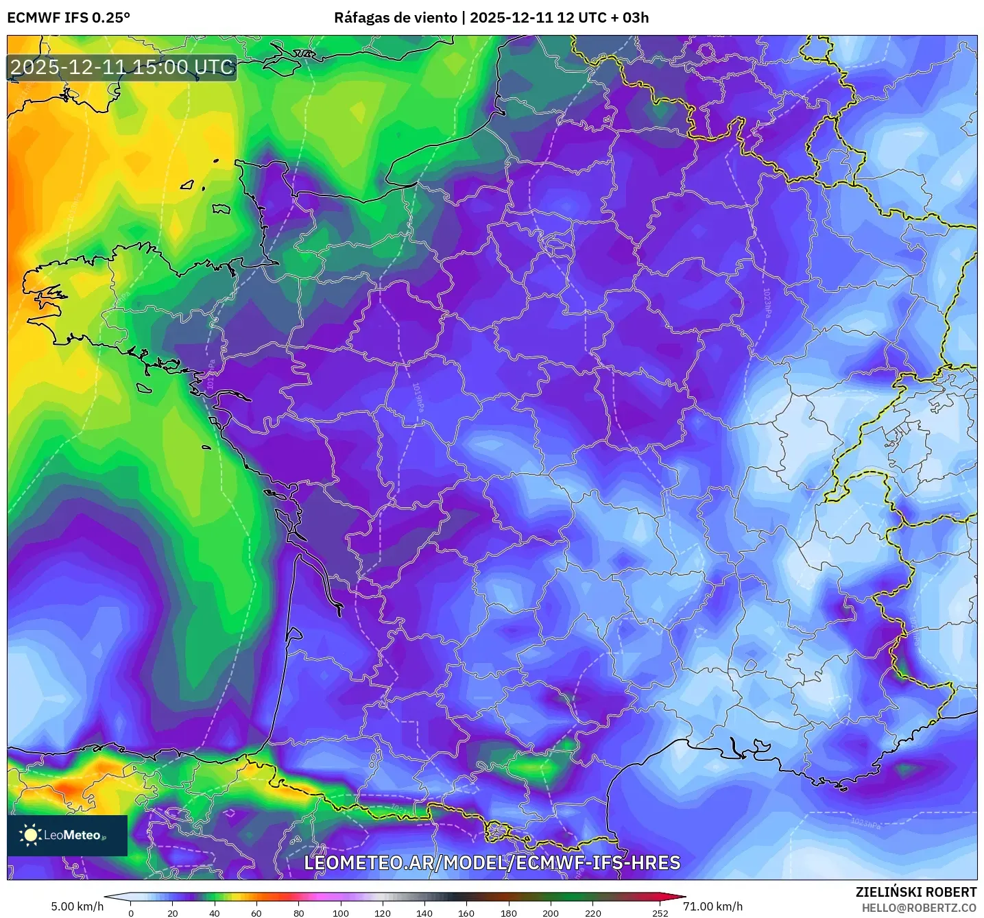 ECMWF IFS 0.25° model - Francia, Ráfagas de viento
