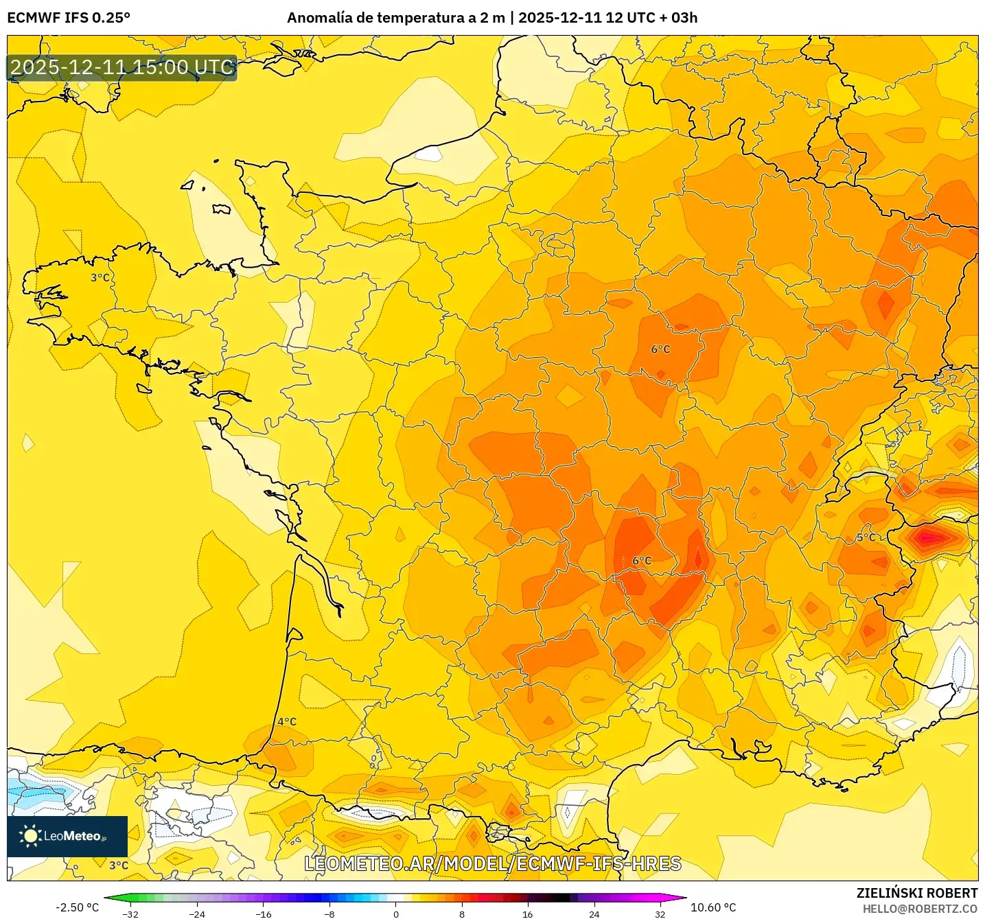 ECMWF IFS 0.25° model - Francia, Anomalía de temperatura a 2 m