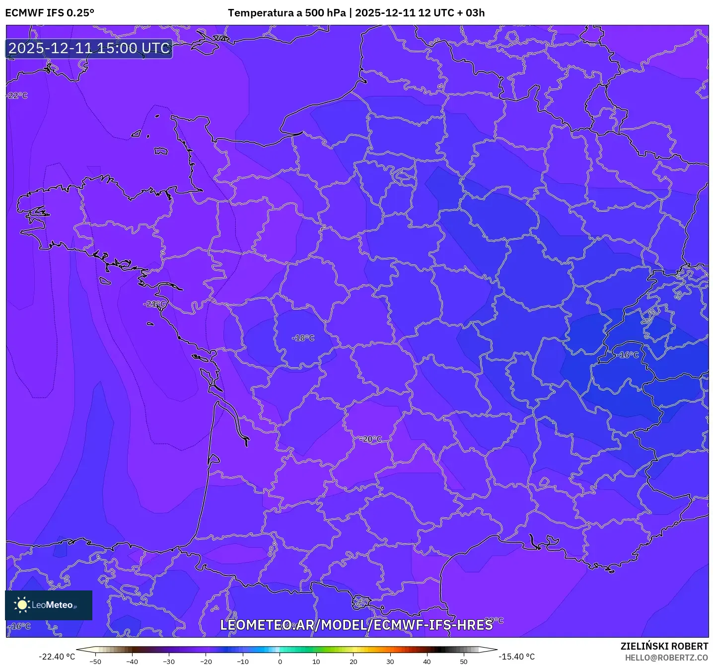 ECMWF IFS 0.25° model - Francia, Temperatura a 500 hPa