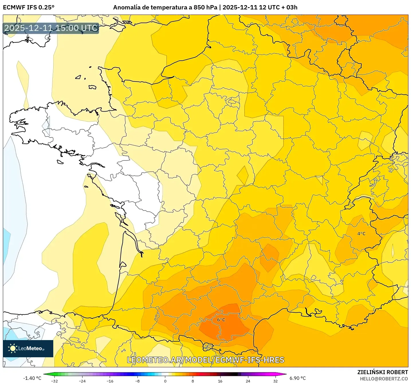ECMWF IFS 0.25° model - Francia, Anomalía de temperatura a 850 hPa