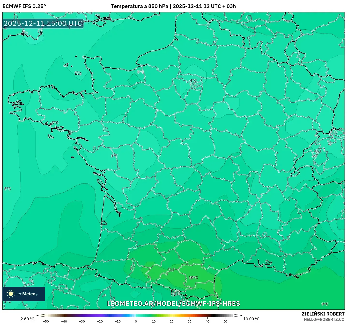 ECMWF IFS 0.25° model - Francia, Temperatura a 850 hPa