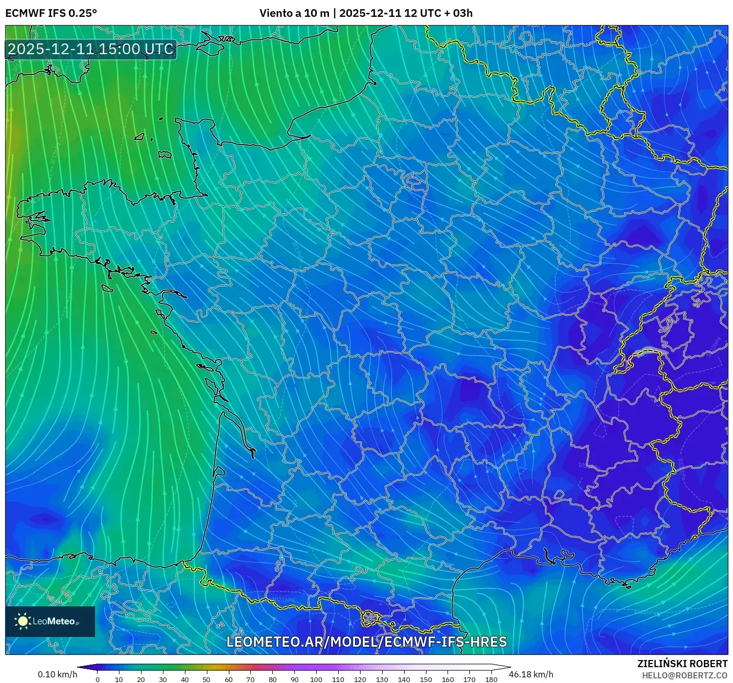 ECMWF IFS 0.25° model - Francia, Viento a 10 m