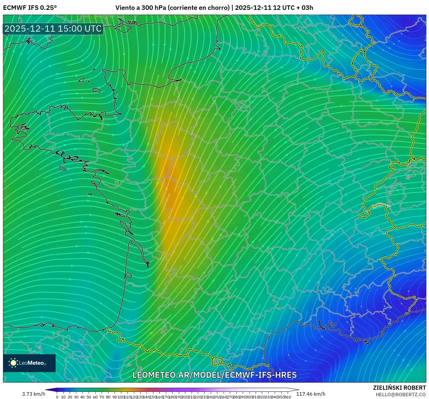 ECMWF IFS 0.25° model - Francia, Viento a 300 hPa (corriente en chorro)